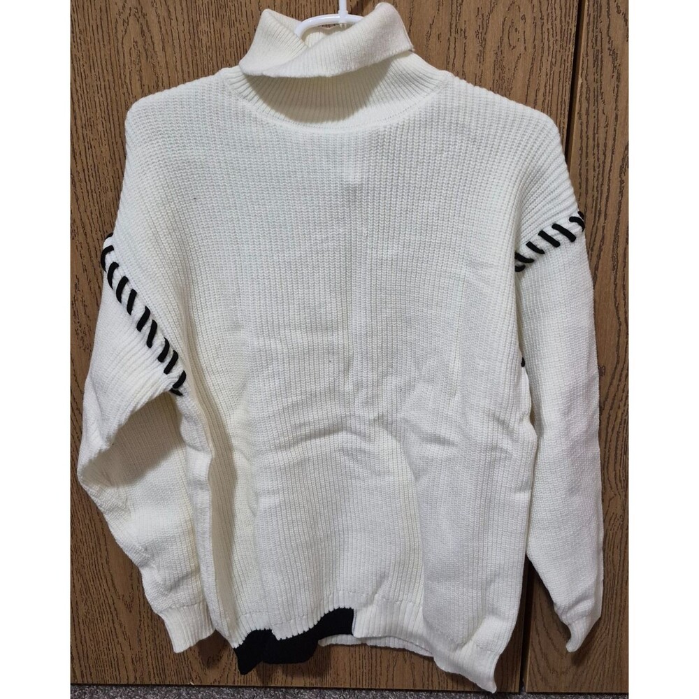 Women's Turtleneck Cream & Black Thick Cable Knit Sweater 2XL BRAND NEW